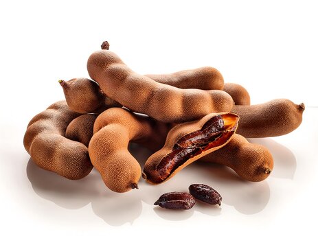 Tamarind fruit pile (Tamarindus) against a white backdrop