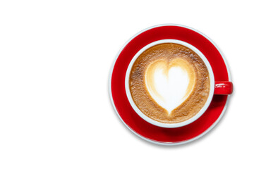 Top view of heart-shaped latte art in red coffee cup isolated on white background. Ideal for café...