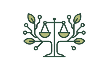Justice balance scale forming a tree trunk with digital and organic elements