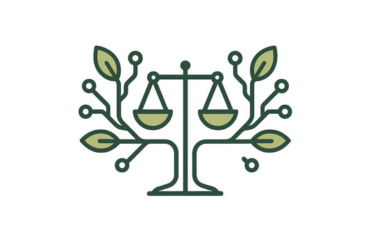 Justice balance scale forming a tree trunk with digital and organic elements