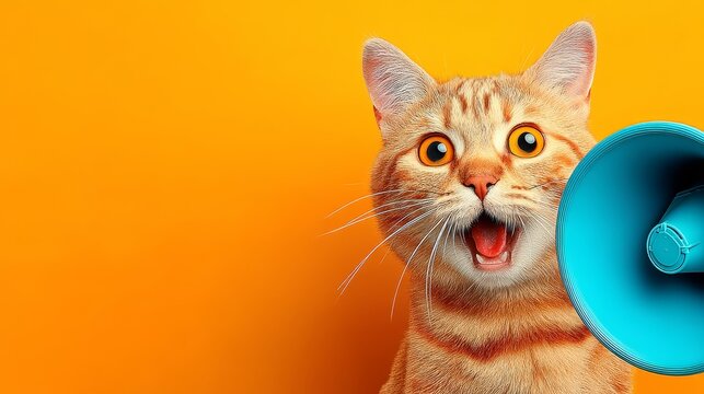 Ginger Tabby Cat Announcing with Megaphone on Orange Background Close Up Funny Pet Promotion Communication Animal Alert Attention Getter