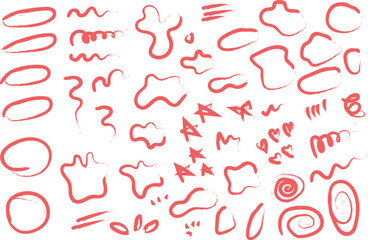 Collection of hand-drawn red abstract organic shapes and scribbles set of diverse, freehand red brush strokes and irregular shapes, including circles, squiggles, and abstract forms, scattered against 