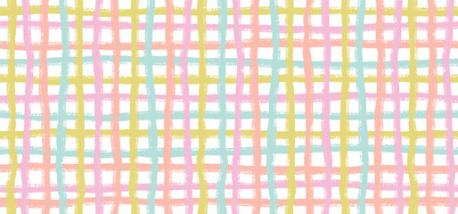 Seamless pastel checkered pattern with irregular hand-drawn lines. Colorful grid background. Vector hand drawn illustration.