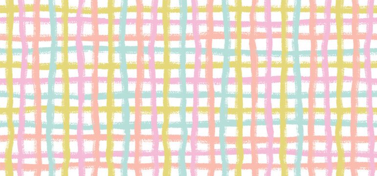 Seamless pastel checkered pattern with irregular hand-drawn lines. Colorful grid background. Vector hand drawn illustration.