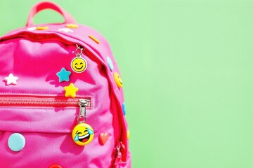 A vibrant pink backpack decorated with fun emoji keychains and pins. Back to school supplies and youth style concept with copy space