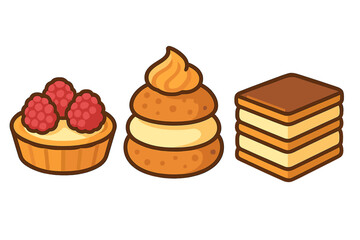 Collection of three sweet pastry desserts: raspberry tart, cream puff, and layered cake slice