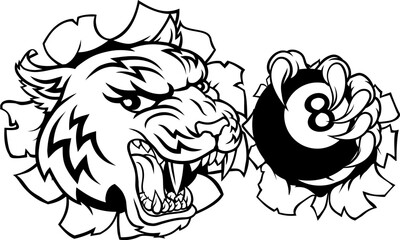 A tiger angry mean pool billiards mascot cartoon character holding a black 8 ball.