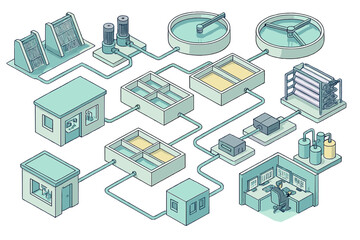 Obraz premium Isometric layout of a wastewater treatment plant showing purification and filtration stages
