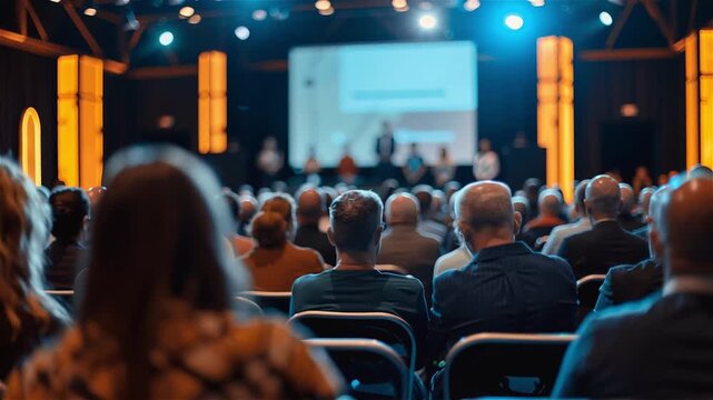 A large crowd of people are sitting in an auditorium watching a presentation