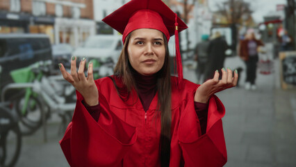 Woman in red cap and gown standing outdoors on a busy street with a thoughtful expression in a graduation scene, capturing the essence of achievement and contemplation.