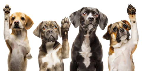 Four dogs raising their paws in unison isolated on transparent background
