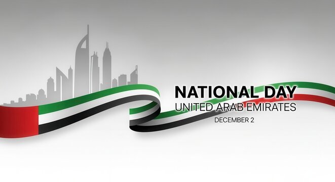 UAE National Day celebration banner with a waving flag ribbon. Modern city skyline silhouette for the United Arab Emirates holiday on December 2nd
