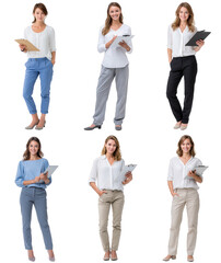 Obraz premium Diverse group of smiling female professionals holding clipboards and tablets, showcasing various business casual outfits, ready for work or presentations