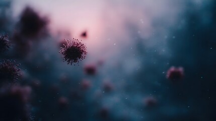 Abstract microscopic view of virus like particles in a dark hazy atmosphere with a soft pink glow