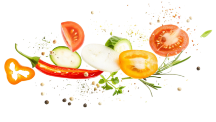 Fresh vegetables and herbs scattered with spices isolated on transparent background
