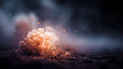 Close up of a glowing particle cluster resembling a microscopic pathogen in atmospheric smoke