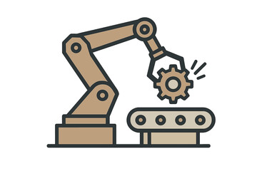 Industrial robotic arm holding a gear above a conveyor belt symbolizing automation and production