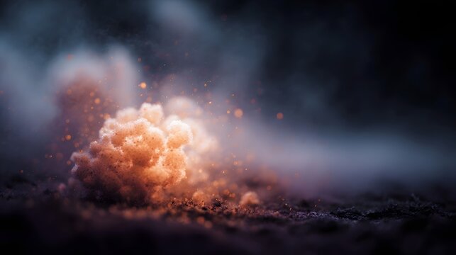 Close up of a glowing particle cluster resembling a microscopic pathogen in atmospheric smoke