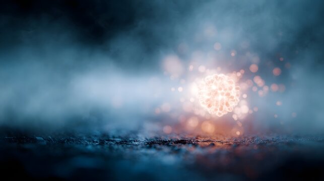A luminous glowing microscopic cluster of particles illuminates the dense atmospheric fog and mist on a dark textured surface - Powered by Adobe