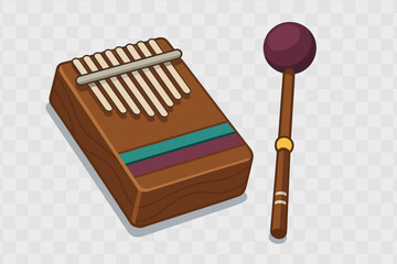 Wooden kalimba thumb piano with metal tines and a matching percussion mallet