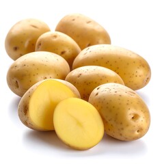 Fresh, yellow potatoes arranged on white background