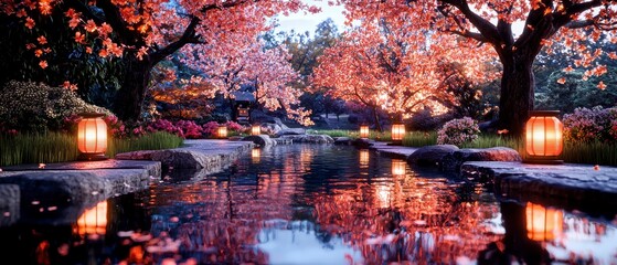 Naklejka premium Serene Japanese Garden at Dusk.