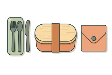 Sustainable zero waste lunch kit elements featuring a bento box and reusable fork, spoon, and knife