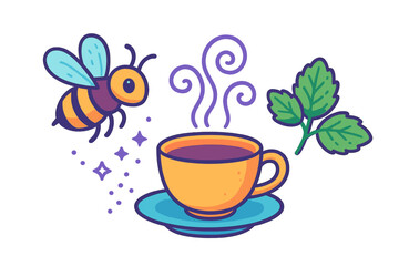 Cute cartoon bee flying near a steaming cup of herbal tea with fresh mint leaves and sparkles