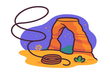 Natural sandstone arch formation in desert landscape with climbing gear at night