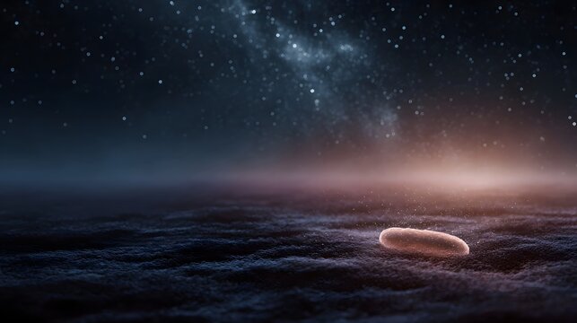 A solitary microbe glows on a textured surface beneath a starry cosmic sky