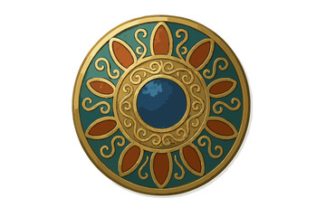 Ornate circular fantasy shield with intricate gold trim and teal and orange accents