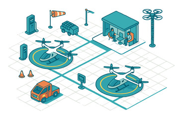 Urban air mobility infrastructure with eVTOL aircraft landing pads and passenger waiting area