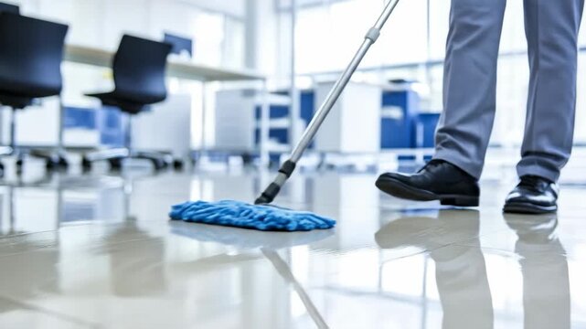 person mops wet, shiny floor in modern office. professional cleaning service for corporate hygiene and maintenance. banner, website header with copy space.