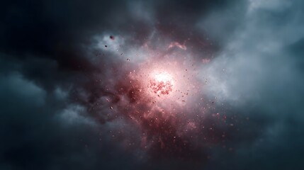 A bright glowing core explodes amidst dark stormy clouds with scattering red particles