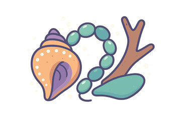 Colorful stylized seashell and marine plants composition on isolated white background