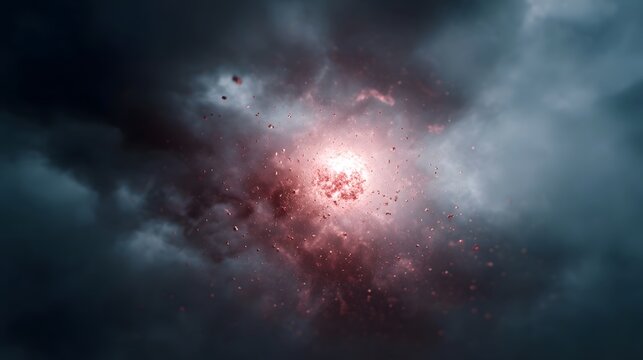A bright glowing core explodes amidst dark stormy clouds with scattering red particles - Powered by Adobe