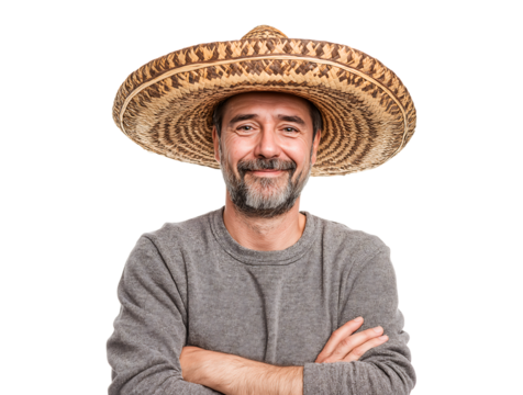 Smiling Middle-Aged Man in Traditional Straw Hat with Crossed Arms isolated on a transparent background