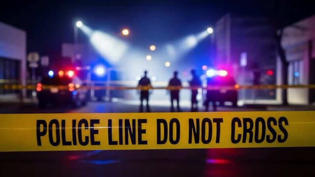 Police line do not cross tape with officers and police car at night at a crime scene with lights