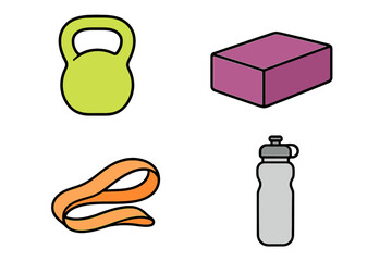 Fitness training gear set with kettlebell, yoga block, resistance band, and water bottle