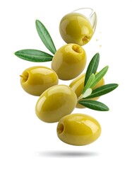 Fresh green olives in mid-air