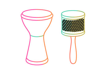 Traditional goblet drum and handheld shaker percussion instruments with colorful outlines