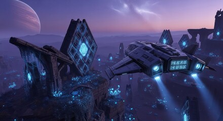 Futuristic cityscape with glowing architecture and spacecraft under a twilight sky vista