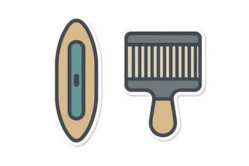 Surfboard and wide paint brush icons sticker set symbolizing creativity and summer leisure