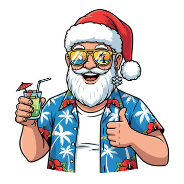 Santa in tropical beach wearing sunglasses, thumbs 