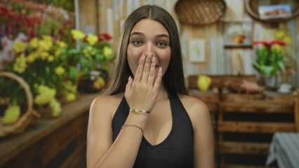 Girl wearing a black tank top covers mouth with hand amid fresh flowers in a wooden flower shop...