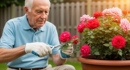 Senior man trimming red and pink roses in his garden. Elderly gardener enjoying a retirement hobby outdoors. Active senior lifestyle concept