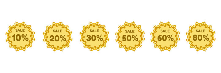 A shiny and elegant promotional graphic featuring golden burst-shaped badges with the words “SALE 10%20%,30%,50%,60%,80%in bold embossed lettering.for online stores, e-commerce campaigns,and marketing