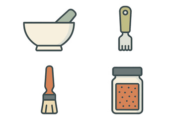 Essential kitchen tools and cooking utensils including mortar pestle spice jar and brush