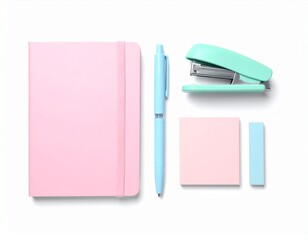 Colorful stationery set featuring a pink notebook, teal stapler, and pen arranged neatly on a clean surface