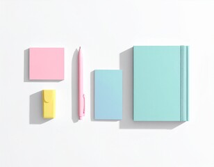 Colorful stationery set featuring a pink notebook, teal stapler, and pen arranged neatly on a clean surface